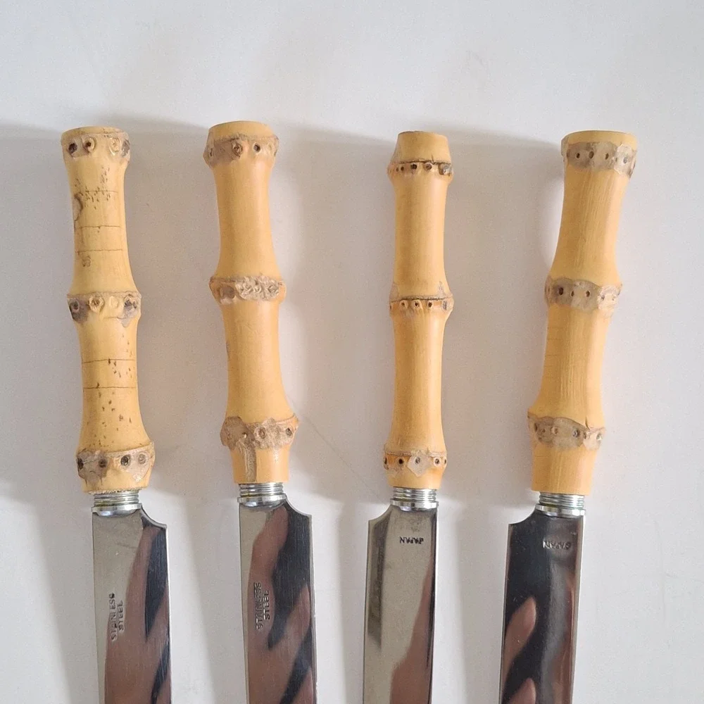 Vintage Mid Century Modern‎ Bamboo Tiki Silverware 4 pc Knives Stainless Japan